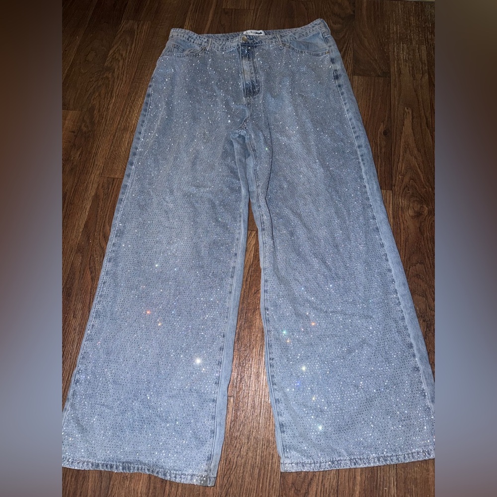Rhinestone Light Blue Wide-Leg Jeans